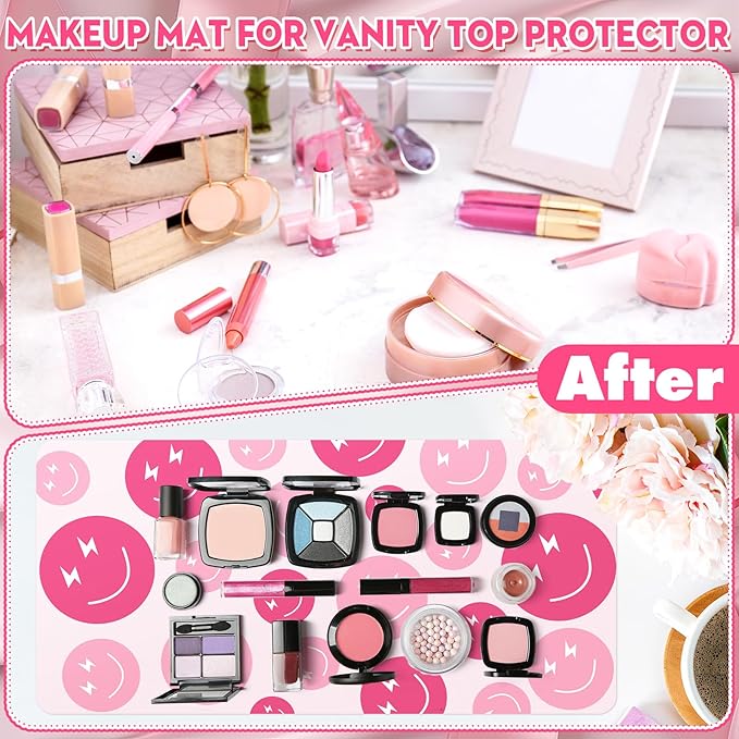 Smile Face Makeup Vanity Mat Leather Desk Pad Protector Cute Pink Mouse Mat Office Desk Dual-Sided Dressing Waterproof Writing Pad for Desktop Office and Home