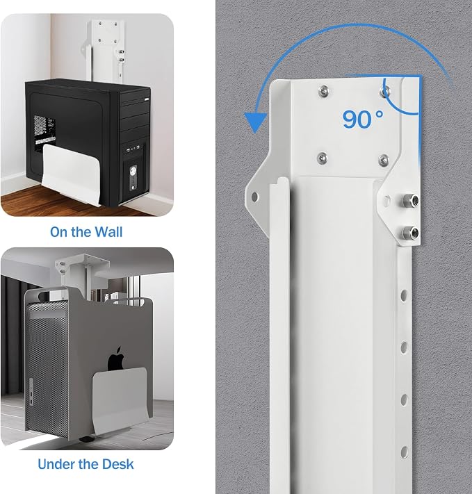 TooCust Heavy Duty Under Desk PC Mount & Full Tower PC Wall Mount - Adjustable Width 5.5" to 9.8", Height 11"-21" - Computer Tower Stand Under Desk & Standing Desk PC Mount, White