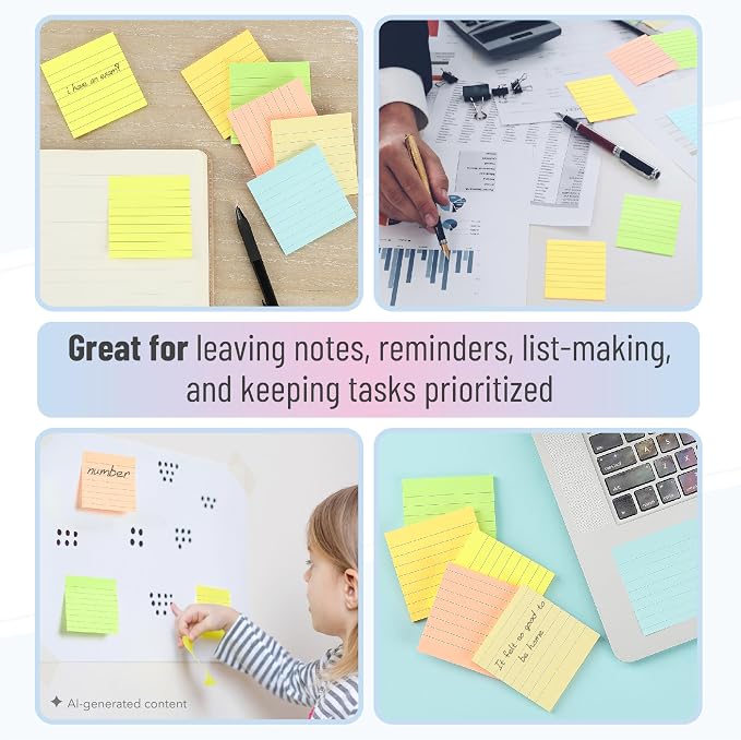 Mr. Pen- Lined Sticky Notes, 3" x 3", 6 Pads, 45 Sheets/Pad, Pastel Color | Sticky Notes with Lines, Ruled Post Stickies, Memo Pads, Self-Stick Note Pad for Office, School, Home, Study