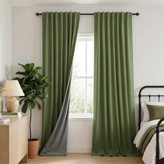 KOUFALL Olive Green Retro Mid Century Modern Curtains for Office,Boho Linen Blackout Curtains for Dining Room,Cortinas para Sala Elegantes