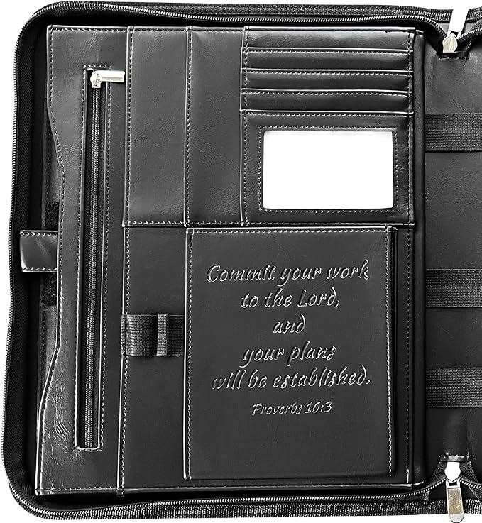 DEHITE Leather Portfolio for Men – Padfolio Case for Men and Women – Black Bible Notebook Organizer – Pen Slots – Zipper Binder – Premium PU Leather – Feels Like Full-Grain – Office Gift Accessories
