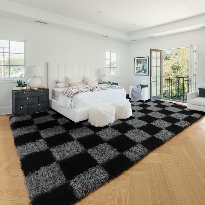 KICMOR 8x10 Area Rugs for Living Room, Large Fluffy Soft Black and Grey Checkered Shag Shaggy Bedroom Carpet, Big Fuzzy Plush Floor Rug for Kids Boys Girls Room Dorm Nursery Home Decor Aesthetic