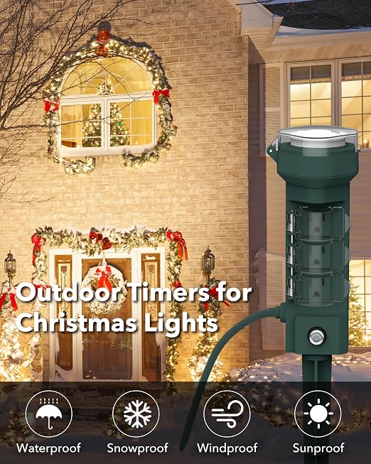 HBN 24 Hour Mechanical Outdoor Tmer for Lights Waterproof,6 Outlets Power Yard Stake for Halloween/Christmas Decorations,Outside Power Strip for Yard Garden,6 ft Extension Cord,1875W/15A