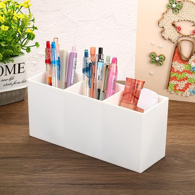 PATIKIL 3 Compartments Clear Acrylic Pen Holder, Pencil Holder Pen Organizer Pencil Cup Makeup Brush Holder Square for Countertop Desk, White