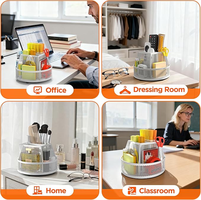 Docnest Mesh 360 Degree Rotating Pen Holder with 6 Compartment,Metal Pencil Cup Art Supply Storage Box Caddy,Teacher Stationery and Dorm Supplies Desk Organizer for Pencil,Sticky Note,Scissors-White