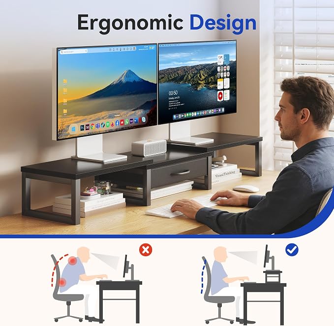 Dual Monitor Stand Riser, Desk Organizers and Accessories with Drawer, Computer Monitor Stands for Desk, Adjustable Desktop Shelf for PC Laptop Printer TV, Black