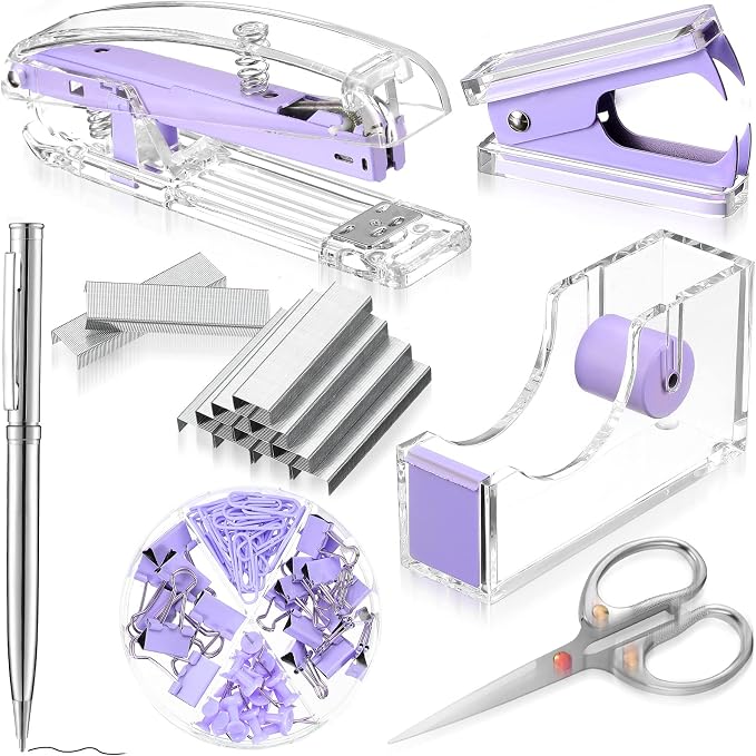 Office Supplies Set Desk Accessory Kit, Acrylic Stapler Set Staple Remover, Tape Dispenser, Binder Clips, Paper Clips, Ballpoint Pen and Scissor with 1000 Pieces 26/6 Staples (Purple)