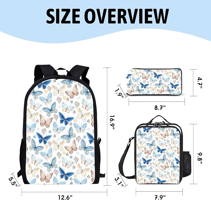 3PCS Butterfly Backpack for Boys Girls Teens, School Backpack with Lunch Box Pencil Case for Elementary Middle High Students, 17 Inch Lightweight Bookpack 3 in 1 Set Back to Shool Gifts for Kids