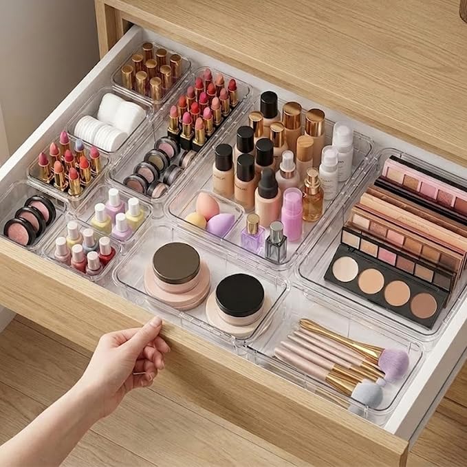 25 Pack Makeup Drawer Organizer Trays, 3-Size Clear Plastic Adjustable Expandable Set with 5 Large, 8 Medium and 12 Square Pieces for Vanity, Bathroom, Desk, Kitchen and Office
