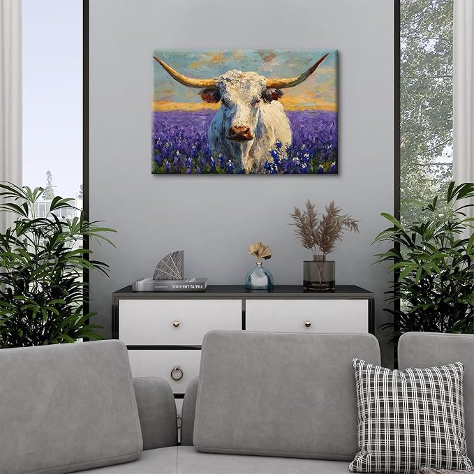 Vintage Cow Canvas Wall Art Farmhouse Wildflower Paintings Wall Decor for Living Room Rustic Texas Longhorns Cattle Canvas Prints Watercolor Animal Posters Artwork Nursery Bedroom Decorations 16x24"