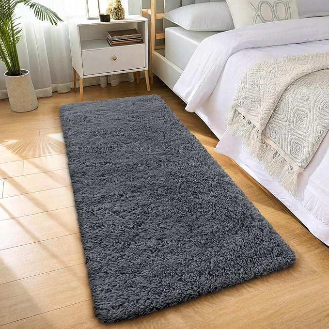 OLANLY 2x10 Machine Washable Runner Rugs for Hallway, Soft Fluffy Shaggy Bedside Rugs for Bedroom, Living Room, Indoor Floor Carpet for Kids Girls and Boys, Nursery Rooms, Home Decor Aesthetic, Grey