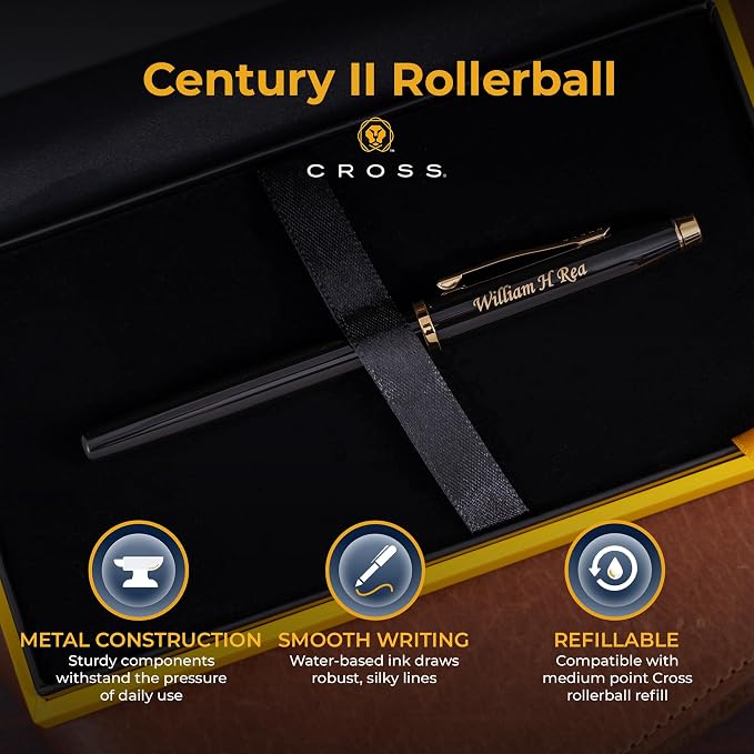 Cross Century II Engraved Capped Rollerball Pen, Black Lacquer with 23K Gold Trim, Gel Ink, Personalized Gift for Executives, Retirement, Board Members, Career Advancement, Cross Gift Box
