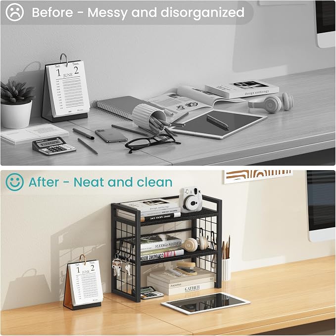 ELITEROO Desk Shelf Organizer, 2 Tier Wooden Desktop Bookshelf, Black | Desktop Shelf Organization, Adjustable Table Storage Rack, Mini Table Top Display Shelf for Home Office