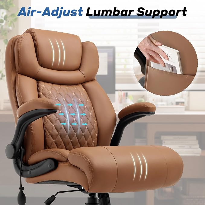 550LBS Big and Tall Office Chair, Comfy Heavy Duty Executive Chair with Adjustable Lumbar Support Double Spaces Casters, Fabric Extra Wide Seat Ergonomic Computer Desk Chair for Back Pain,Brown