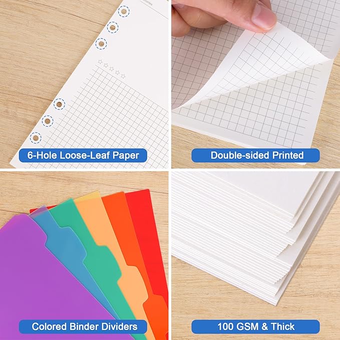 Antner A5 Refill Paper Planner Inserts for A5 6-Ring Binder, 135 Sheets 6-Hole Note Record Refills Blank&Grid Loose Leaf Filler Paper with Binder Dividers for Refillable Notebook, Journal, Sketchbook