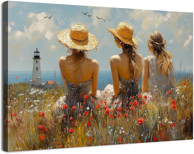 Abstract Poppy Floral Canvas Wall Art Coastal Autumn Landscape Painting Artwork Bedroom Bathroom Ocean Lighthouse Canvas Prints Girl Picture Retro Wall Decor for Gallery Living Room Decorations 32x48"