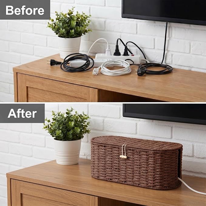 Set of 2 Cable Management Box, Handwoven Cord Hider Box with 3 Open Slots | Cable Organizer Box with Lockable Lid, Cord Storage Box to Hide Power Strip, Router, USB Hub, TV Wires for Home, Office