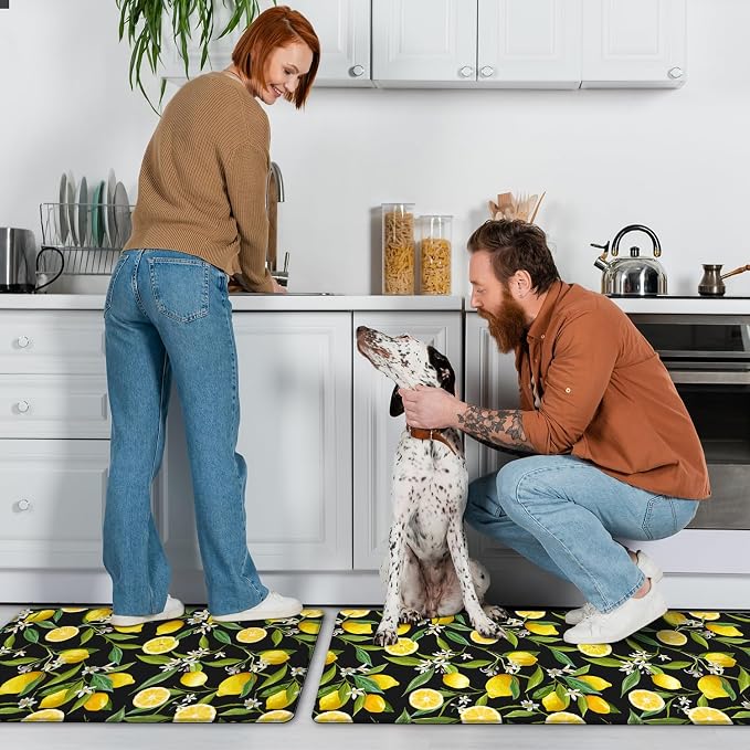 MAYHMYO Lemon Kitchen Decor Mat Set, 2PC Kitchen Mats, Anti Fatigue | Lemon Pattern,Lemon decor,Cushioned comfort,Non-slip backing,Easy to clean,Water-resistant,Kitchen,Laundry