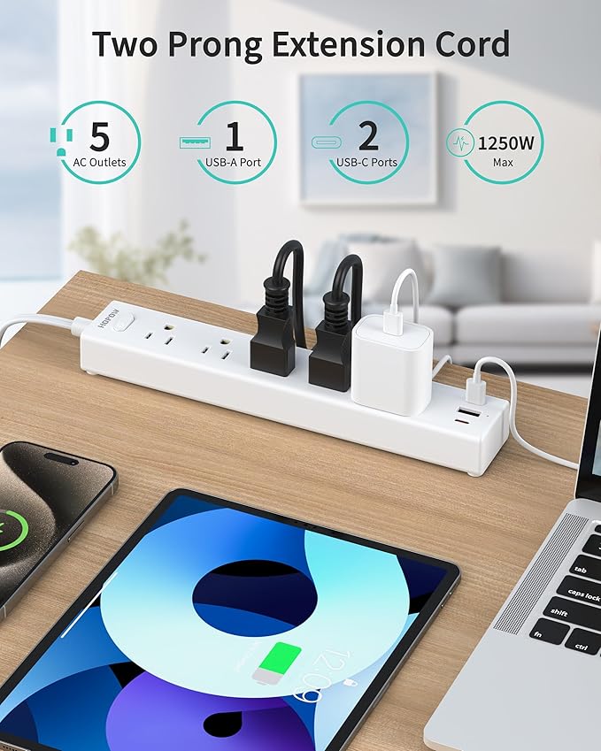 HOPOW 2 Prong Power Strip, 2 to 3 Prong Outlet Adapter with 1700J Surge Protection, 6ft Two Prong Extension Cord, 5 AC Outlets & 3 USB(5V 3.4A Max), Wall Mount for Non-Grounded Outlet, White