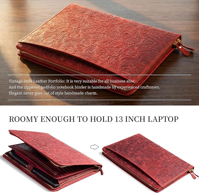 Gexmil Leather Portfolio Organizer for Women Men, Business Padfolio Folder with Zipper, Full Grain Leather,Interview Legal Document File Resume Organizer, A4 Writing Notepad Padfolio, Floral Red