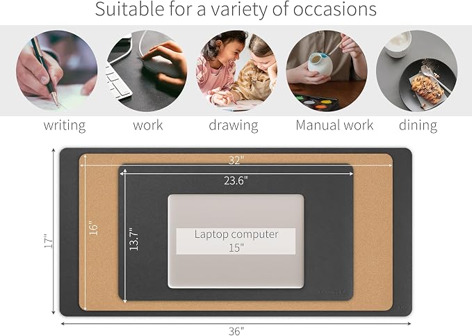 RENMTURE Desk Pad, Cork & PU Leather Desk Mat, Large Mouse pad, Non-Slip Desk Protector and Blotter, Waterproof Writing Pad, Desk Accessories and Organizers for Home Office (Black, 23.6" x 13.7")