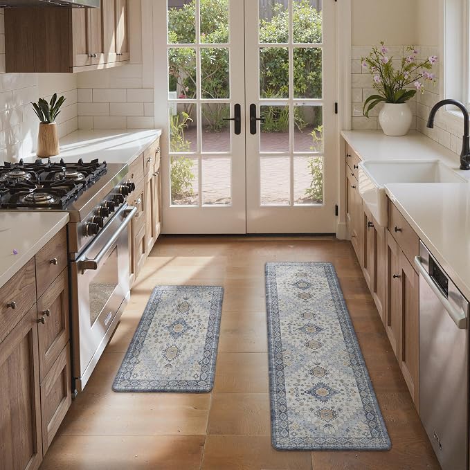 GENIMO Anti Fatigue Kitchen Mats for Floor 2PCS, Cushioned Standing Mats | 17.3"x59"&17.3"x30", Light Green vintage boho rug set, waterproof, non-slip, easy-clean for home laundry sink farmhouse