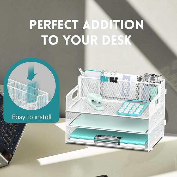 3-Tier Desk Organizer with Pen Holder and Handles, Paper Organizer, White | Desk Organizer and Paper Organizer for Desk with Pen Holder, Paper Trays and Handles for Files, Mail and Office Supplies