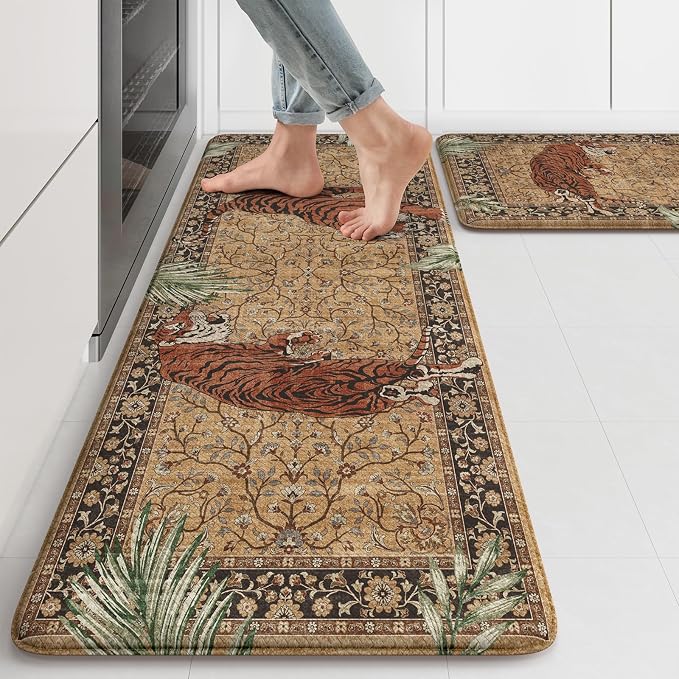 KIMODE Kitchen Mats for Floor Anti Fatigue 17"x47"+17"x29", Farmhouse Tiger Kitchen Rugs Sets of 2, Tan Rugs for Kitchen Floor, Memory Foam Standing Mats for Laundry Office Sink Desk