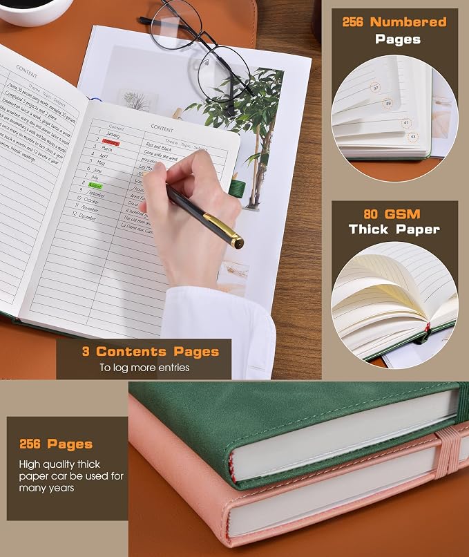 dilitego Lined Journal Notebook for Women Men, 256 Numbered Pages Hardcover Leather Journals for Writing, A5 Journaling Notebooks, College Ruled Journal for Business Work School 5.75" x 8.38" Green