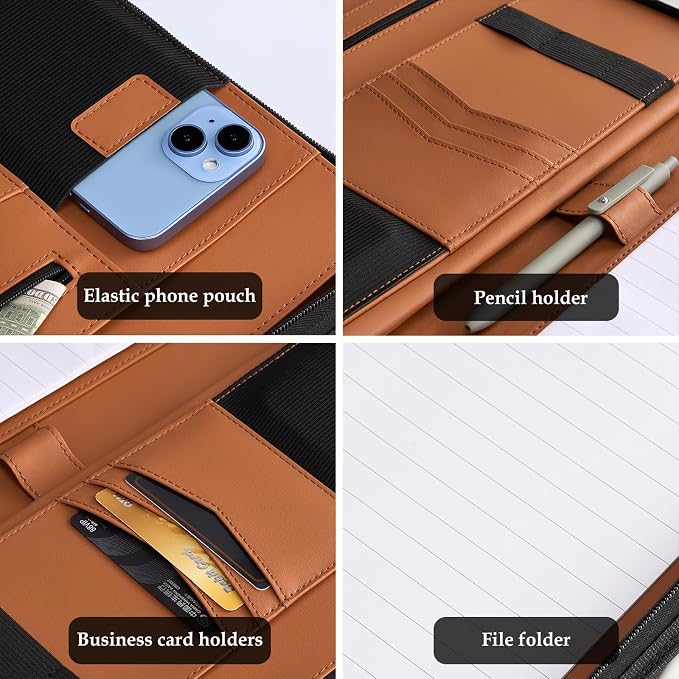 ProCase Portfolio Business Padfolio Folder with Zipper, Conference Meeting Executive File Legal Document Organizer with Pockets Letter Size A4 Writing Pad Notepad Padfolio -Tan