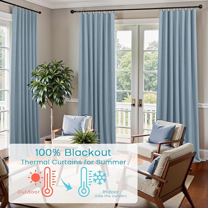KOUFALL Blue Curtains 108 Inches Long,Linen Blackout Light Dusty Blue Black Out Pleated Drapes for Living Room 2 Panels Set