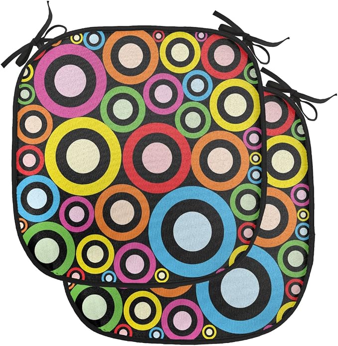 Lunarable Groovy Chair Cushion Pads Set of 2, and Funky Retro Ring Shaped Modern Art Geometric Revival Art, Anti-Slip Seat Padding for Kitchen & Patio, 16"x16", Black Multicolor