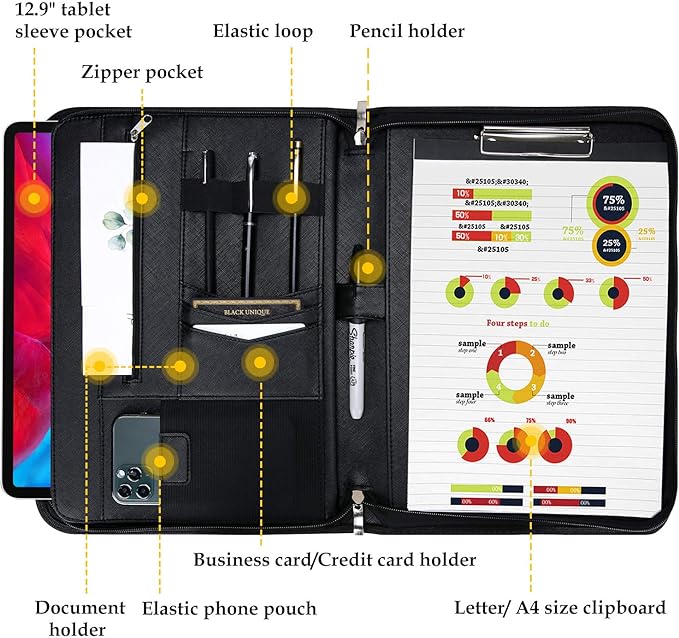 ProCase Portfolio Business Padfolio Folder with Handle and Zipper, Conference Meeting Executive File Legal Document Organizer with Pockets Letter Size A4 Writing Pad Notepad Padfolio -Allblack