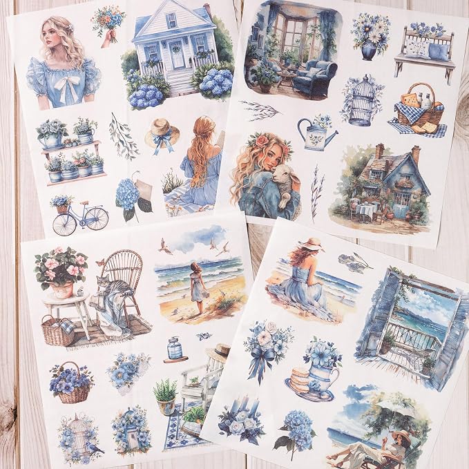 YagCu Garden Junk Journal Stickers, 50 Sheets Washi Journaling Sticker Book, Scrapbook Supplies, Watercolor Scrapbooking for Adults, Blue Decorative Ephemera Arts Craft