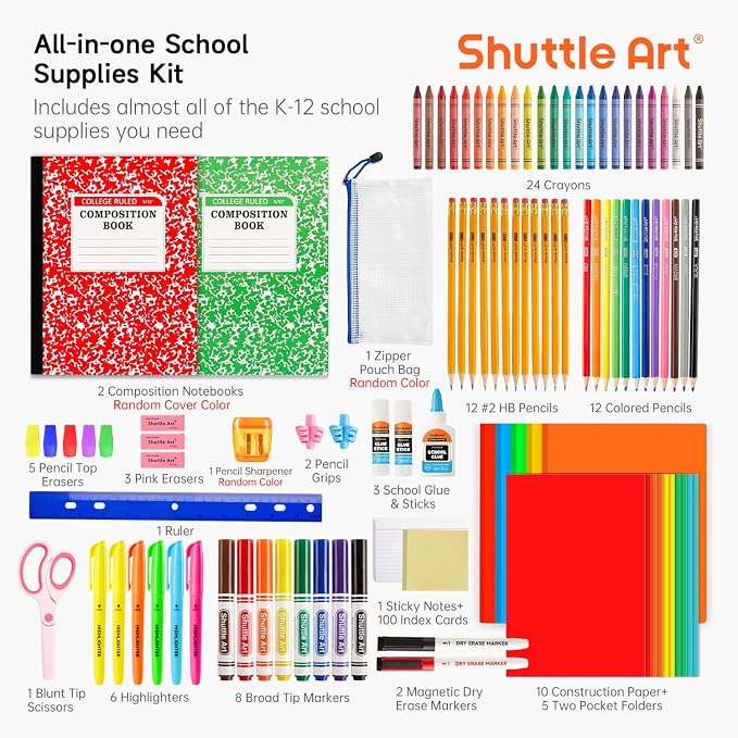 Shuttle Art 102 PCS Back to School Supplies Kit, School Supply Box for Grades K-5, School Supplies for Kids and Students, Including Pencils, Pens, Markers, Erasers, Notebooks, Folders and More