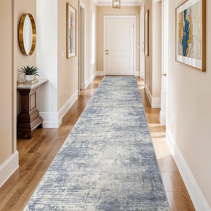 3x20 Hallway Washable Runner Rug - Non-Slip Kitchen Rugs with Rubber Backing Abstract Neutral Low-Pile Carpet Runners for Laundry Room Home Decor Bedroom Bathroom Entryway (Blue Gray,3x20)