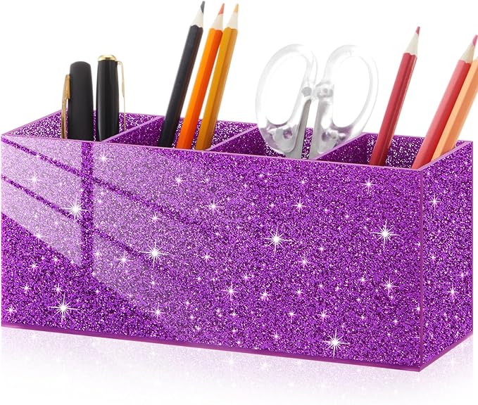 Jetec Acrylic Glitter Pen Holder 4 Compartments Bling Makeup Brush Stationery Organizer Pencil Holder for Desk Accessories Sparkly Gifts for Women Birthday Valentines Desktop Workplace Office(Purple)