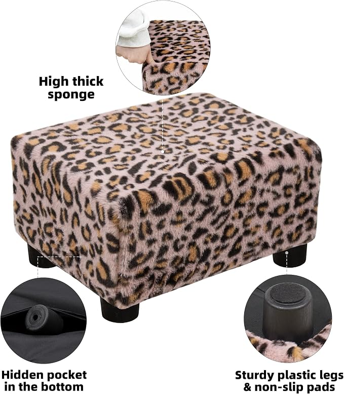 CAROLMADE Small Foot Stool Ottoman Footstool with Legs Under Desk Footrest for Living Room Bedroom and Office, Faux Fur Pink