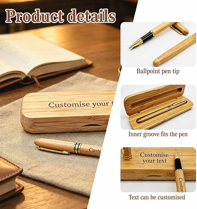 Personalized Engraved Bamboo Pen Set with Case – Custom Engraved Pen with Name, Personalized Ballpoint Pen Gift for Men, Teacher, Doctor, Graduate, Wooden Customized Pens