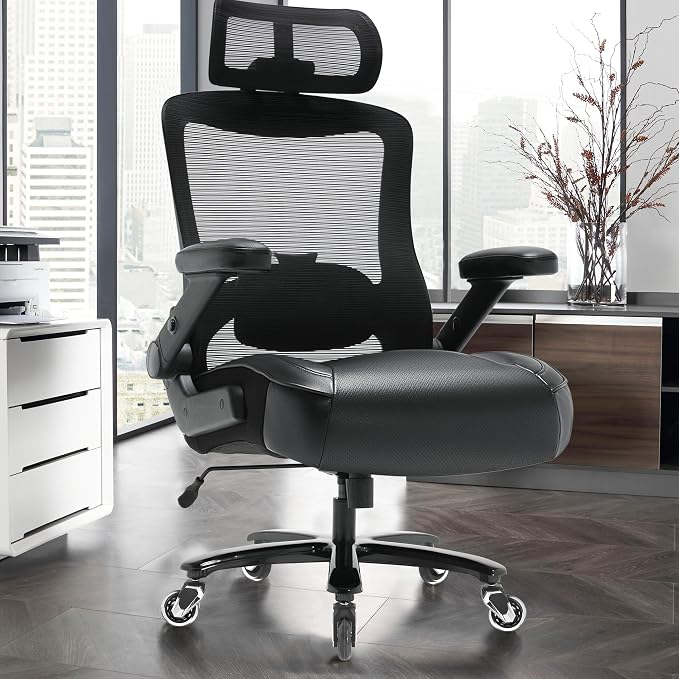600lbs Big and Tall Office Chair- Heavy Duty Executive Computer Chair with 3D Flip Arms Large Wheels, Ergonomic Mesh High Back Desk Chair, Extra Wide Seat Adjustable Lumbar Support&Headrest