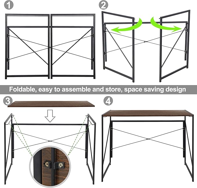 ZenStyle Folding Computer Desk, Writing Study Desks for Home Office, Corner Laptop Gaming Folding Table with Metal Frame, 39 Inches,Brown