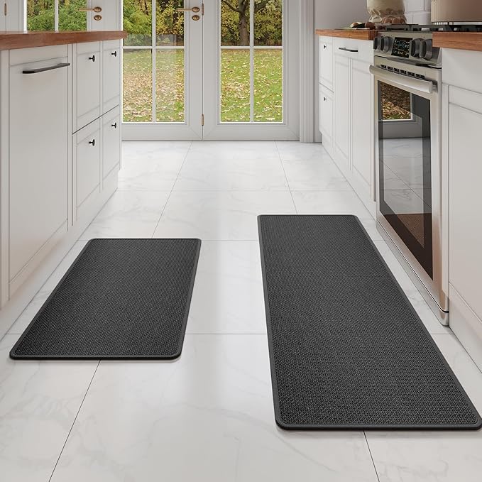 YDKGL Kitchen mats for Floor Water and Oil Absorbent Runner Rugs for Kitchen, Kitchen Mat in Front of Sink,Non-Slip Kitchen Rugs,Durable Imitation Linen Kitchen Rug Black 17x30+17x59