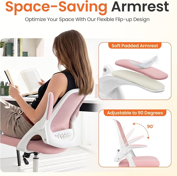 NEO CHAIR Office Chair Computer Desk Chair Ergonomic Gaming Comfy Mesh with Flip-up Arms Lumbar Support Adjustable Height Rolling Wheels for Home Office (Pink)