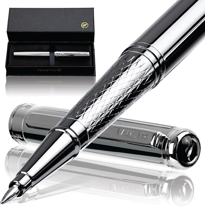 FANSTIK Customized Silver Luxury Rollerball pen, fancy gift set for women, Chrome Finish, Professional executive pen gift set for men (Lux Custom-Rollerball Silver)
