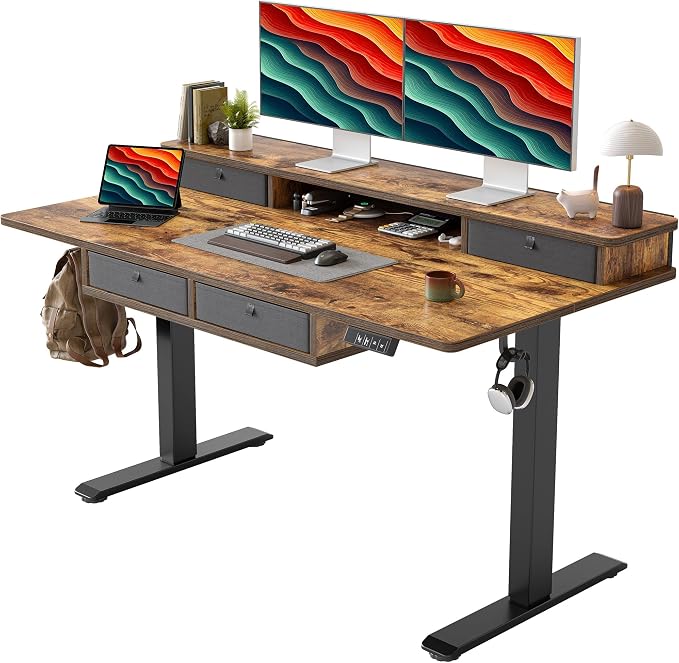 TIQLAB 55 * 28 Inch Standing Desk with Four Drawers, Electric Sit Stand Table, Stand Up Desk Adjustable Height with Storage Shelf, Splice Board, Rustic Brown