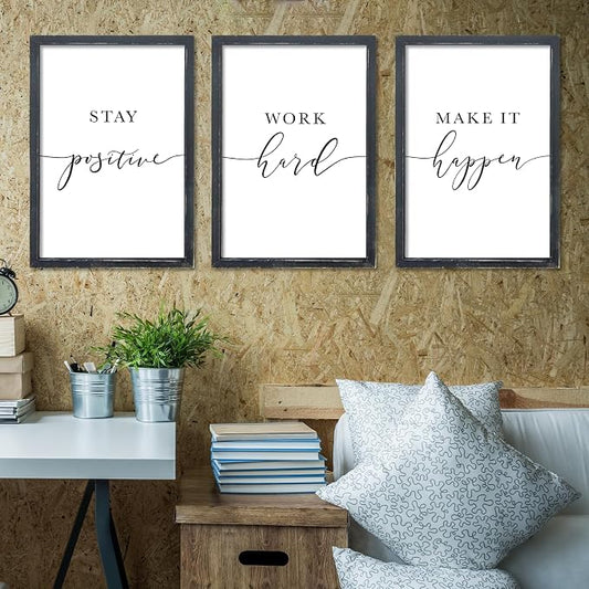 RLWangChao Inspirational Quotes Wall Art Decor 11"X16" 3 Piece Modren Office Stay Positive Work Hard Make It Happen Motivational Wood Framed Sign Living Room Positive Wall Hanging Decoration (Black)