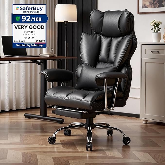 Efomao Big and Tall Office Chair, 400lbs Heavy Duty High Back Executive Chair with 23.6" Extra Wide Seat, PU Leather Desk Chair with Footrest and Padded Armrests, Black