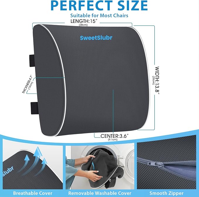 SweetSlubr Large Lumbar Support Pillow for Office Chair, Car Seats and Home Desks, Ergonomic Back Support with Double Adjustable Straps, Machine Washable Cover (Gray,XL)