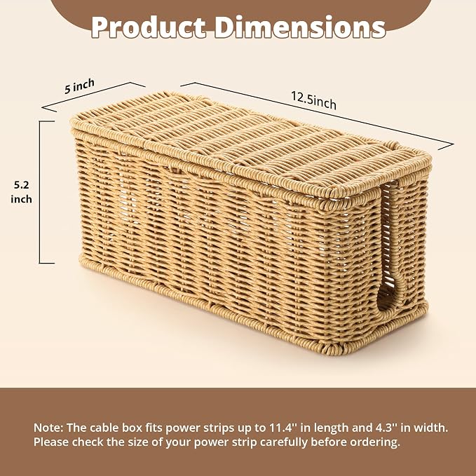 ZhiYo Rattan Cable Management Box, Brown Cord Organizer, 12.5" x 5" x 5.2" | Handwoven imitation rattan cord hider box conceals power strips and cables for a clean desk or floor setup