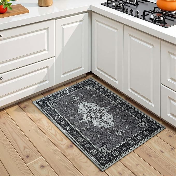 2x3 Front Door Rug,Vintage Washable Area Rugs for Entryway, Non Slip Small Indoor Floor Carpet, Print Black/Grey Door Mat, Soft Low Pile Carpets for Entrance Kitchen Bedroom Bathroom